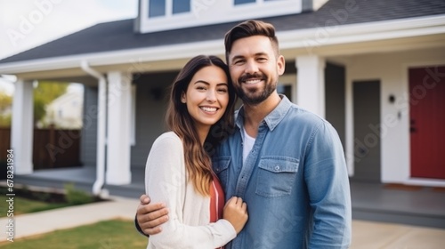 Happy couple in front of new dream house. Man and woman happy to have a new home photo