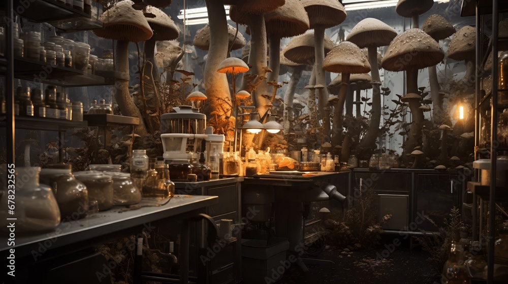 Mycology research in the laboratory. Generated AI