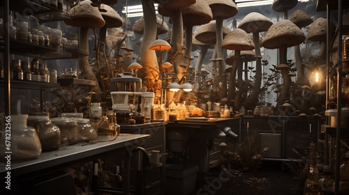 Mycology research in the laboratory. Generated AI