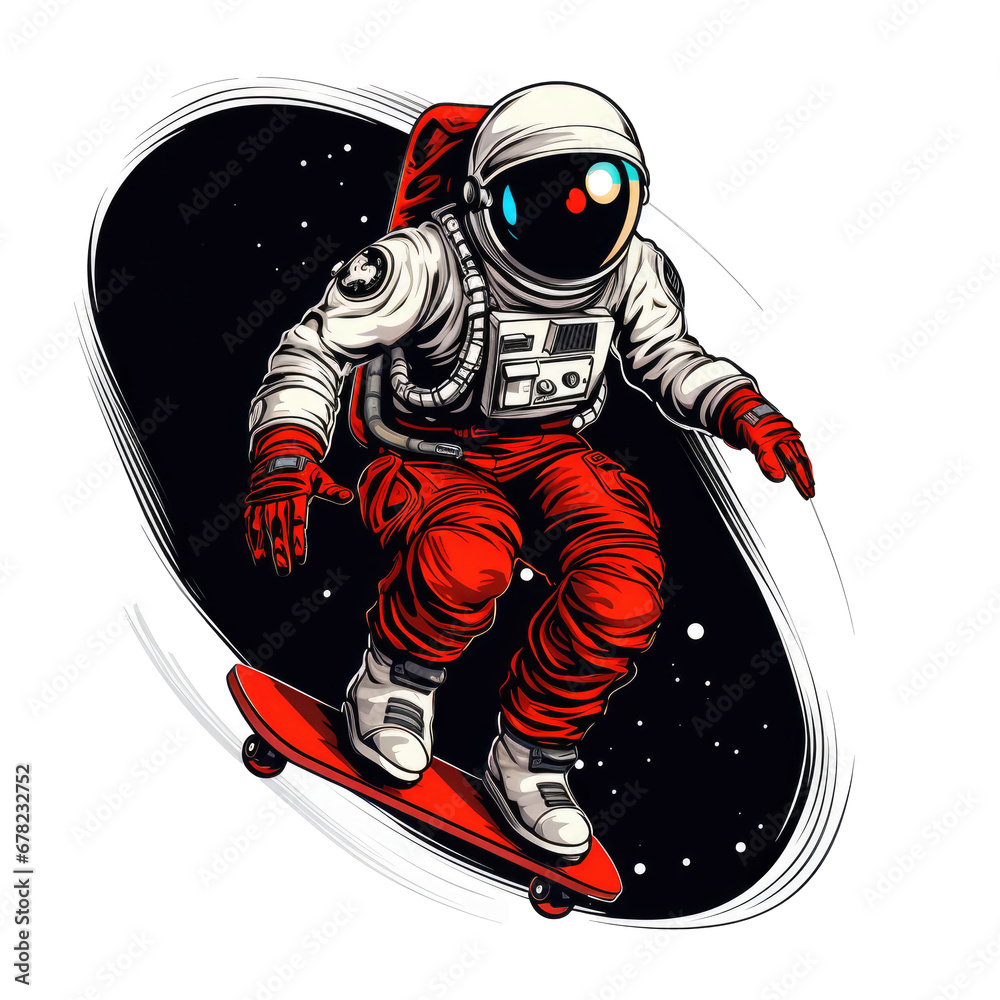 Astronaut rides on skateboard through the space. jump on space, playing skateboard Vintage logo badge