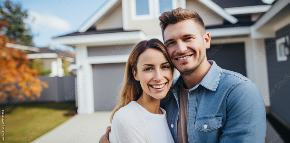 Happy couple in front of new dream house. Man and woman happy to have a new home Happy couple in front of new dream house. Man and woman happy to have a new home