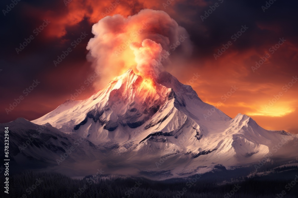 Volcanic eruption in snow-covered mountains, with lava flows and smoke clouds forming