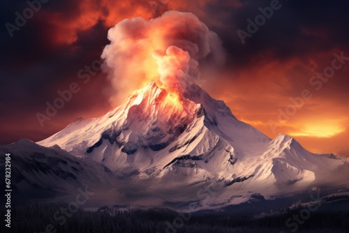 Volcanic eruption in snow-covered mountains, with lava flows and smoke clouds forming