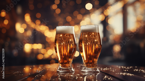 Beer glass on blurred bokeh lights background.
