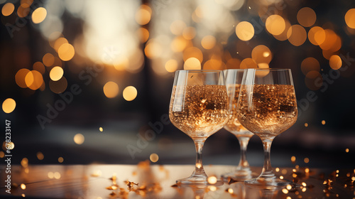 Three champagne glasses on a beautiful orange blurred bokeh lights background.