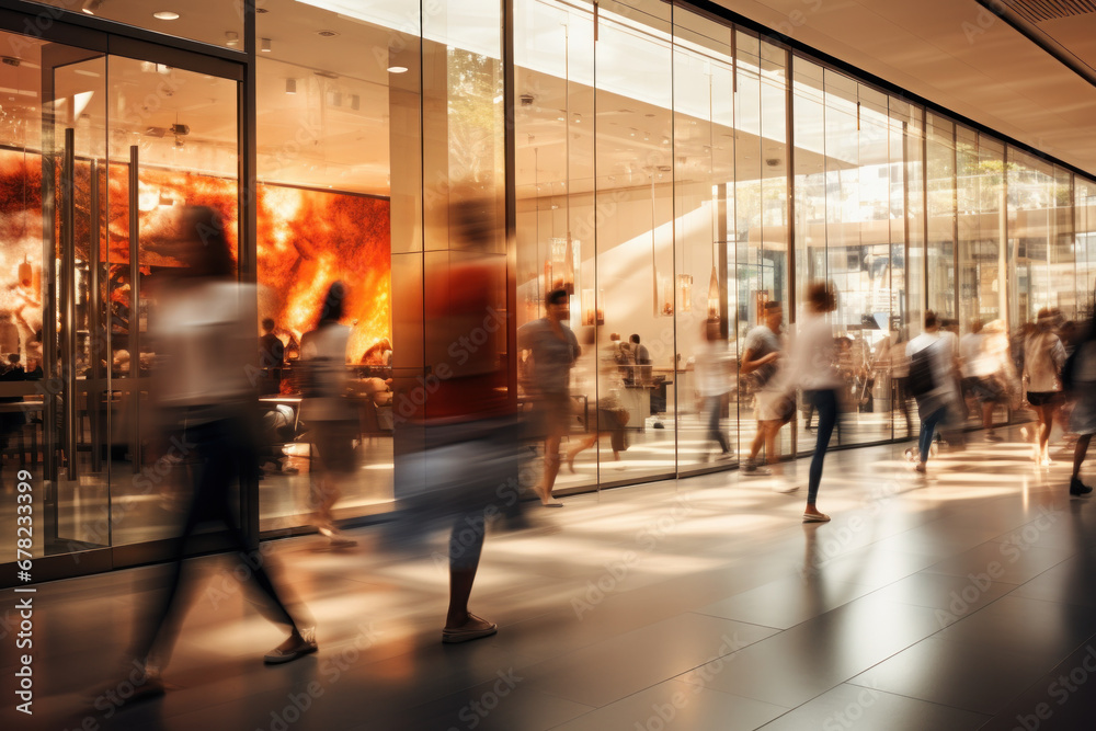 A contemporary shopping center serves as the setting for stylish women browsing displays, capturing their motion with abstract motion blur.  Generative Ai.