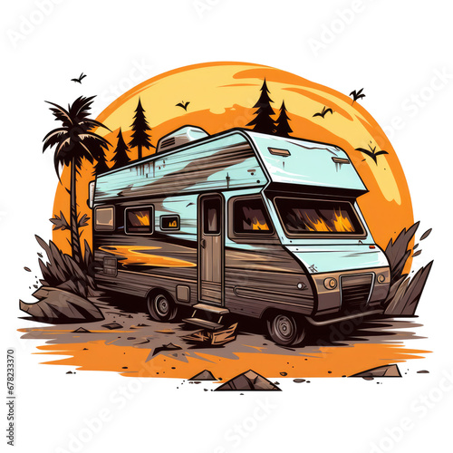 Summer camp. Concept for shirt or logo, print, stamp or tee. Vintage typography design with rv trailer, camping tent and forest silhouette © peacehunter