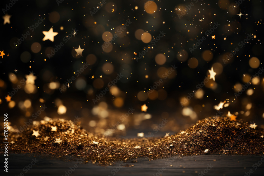 An abstract background glistens with glowing gold stars and particles, suggesting the arrival of the year 2024 and the Christmas season.  Generative Ai. - obrazy, fototapety, plakaty 