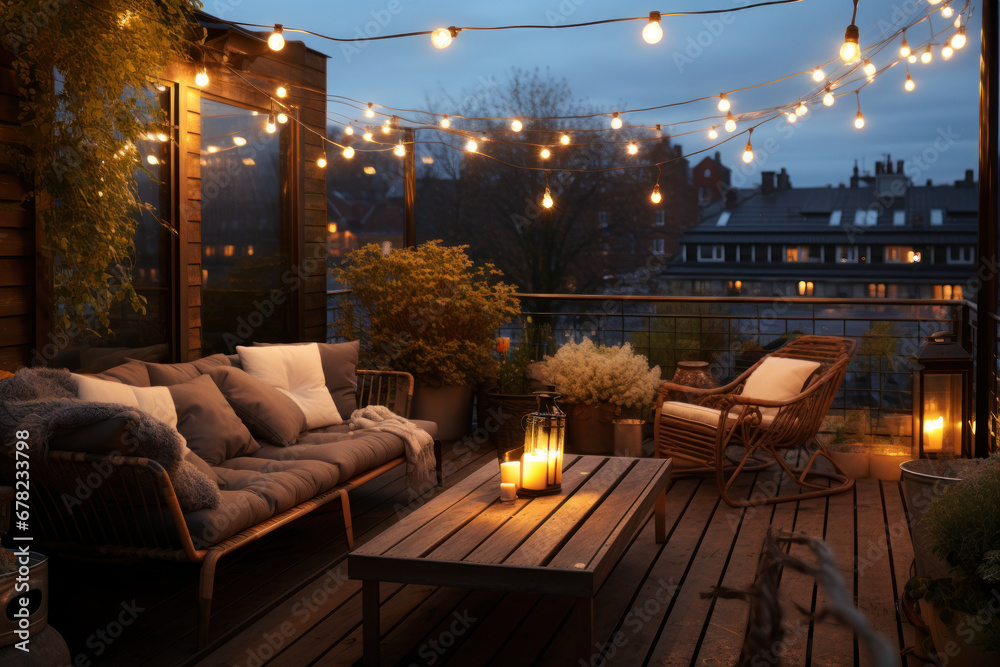 An outdoor terrace adorned with string lights offers a scenic view, creating a cozy ambiance during an autumn evening. Generative Ai.