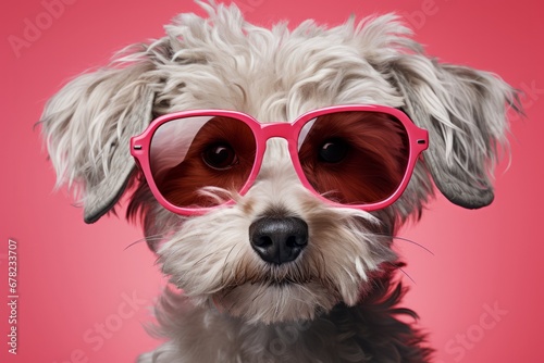 Cool Canine in Chic Shades on a Rosy Canvas. A white dog wearing pink sunglasses on a pink background