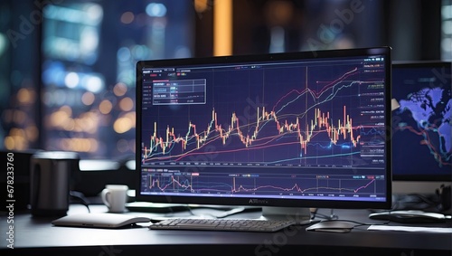 Economic and Financial graphs with glowing lines and diagram on digital screen. Trading market and economic concept. Generated with AI