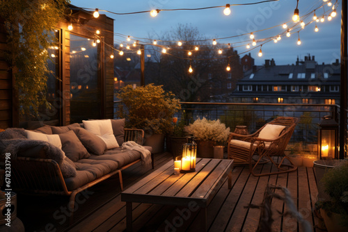 An outdoor terrace adorned with string lights offers a scenic view, creating a cozy ambiance during an autumn evening. Generative Ai.