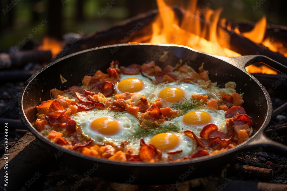 A camping breakfast features bacon and eggs cooked in a cast-iron skillet in a forest setting. This outdoor meal is prepared over a campfire, exemplifying a picnic in the wild. Generative Ai. A camping breakfast features bacon and eggs cooked in a cast-iron skillet in a forest setting. This outdoor meal is prepared over a campfire, exemplifying a picnic in the wild. Generative Ai.