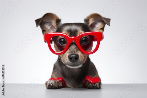 The Adventurous Pup with Fashionable Red Glasses and Red Heart Shoes. A small dog with red glasses on it's head on a  white background © AI Visual Vault