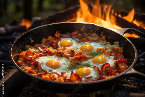 A camping breakfast features bacon and eggs cooked in a cast-iron skillet in a forest setting. This outdoor meal is prepared over a campfire  exemplifying a picnic in the wild. Generative Ai.