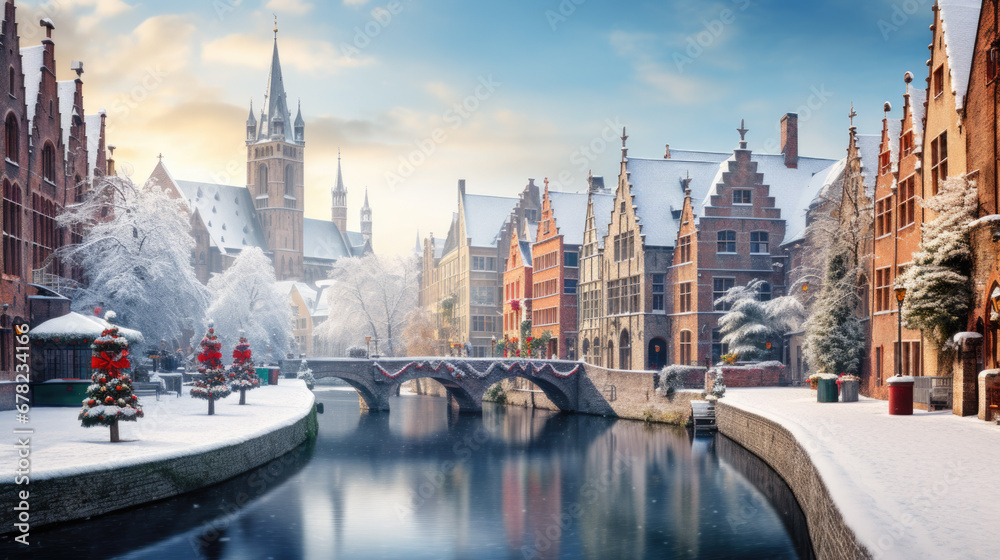 Fototapeta premium A cozy winter town decorated for Christmas