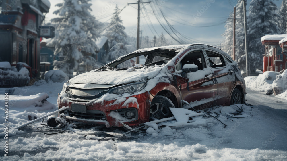 A broken car in winter after an accident
