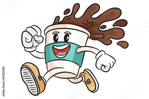 Retro character in groovy style. Cardboard coffee cup in motion, running. Coffee splashes from a cup. Mascot. Cartoon coffee to go character