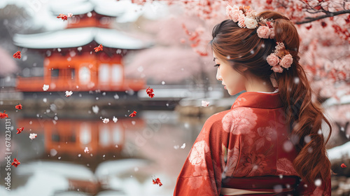 Pretty Japanese woman in traditional red clothes