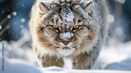 An aggressive wild cat stalks through the snow