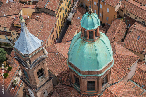 Detail of dome and bell tower of San Bartolomeo and Gaetano church in perspective, Bologna ITALY photo