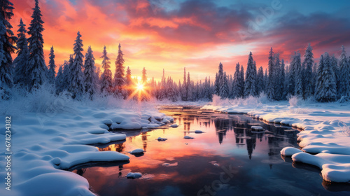 Winter landscape with lots of snow and a river flowing through the middle during a dramatic sunset