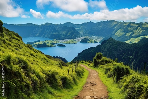 Walking path to the lake in the mountains, Azores, Portugal © Rudsaphon