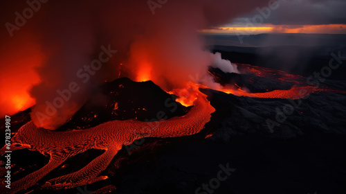 éruption volcanique avec coulée de lave sur les terres gelées d'Islande photo
