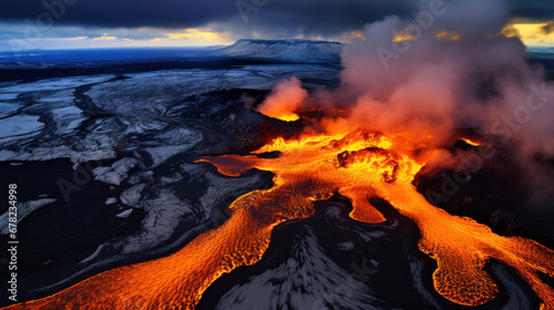 éruption volcanique avec coulée de lave sur les terres gelées d'Islande photo