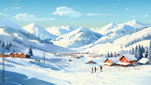 Illustration of a winter morning landscape overlooking a ski resort