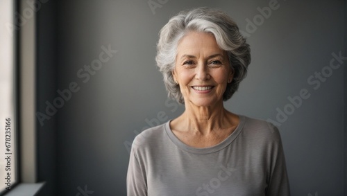 beautiful senior woman smiling and standing at grey wall background photo
