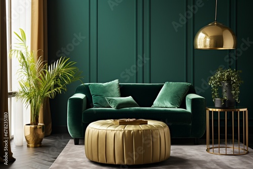 A contemporary and stylish living room interior design embellished with a glamorous green velvet sofa, a pouf, a golden metal side table, and fashionable home accessories.