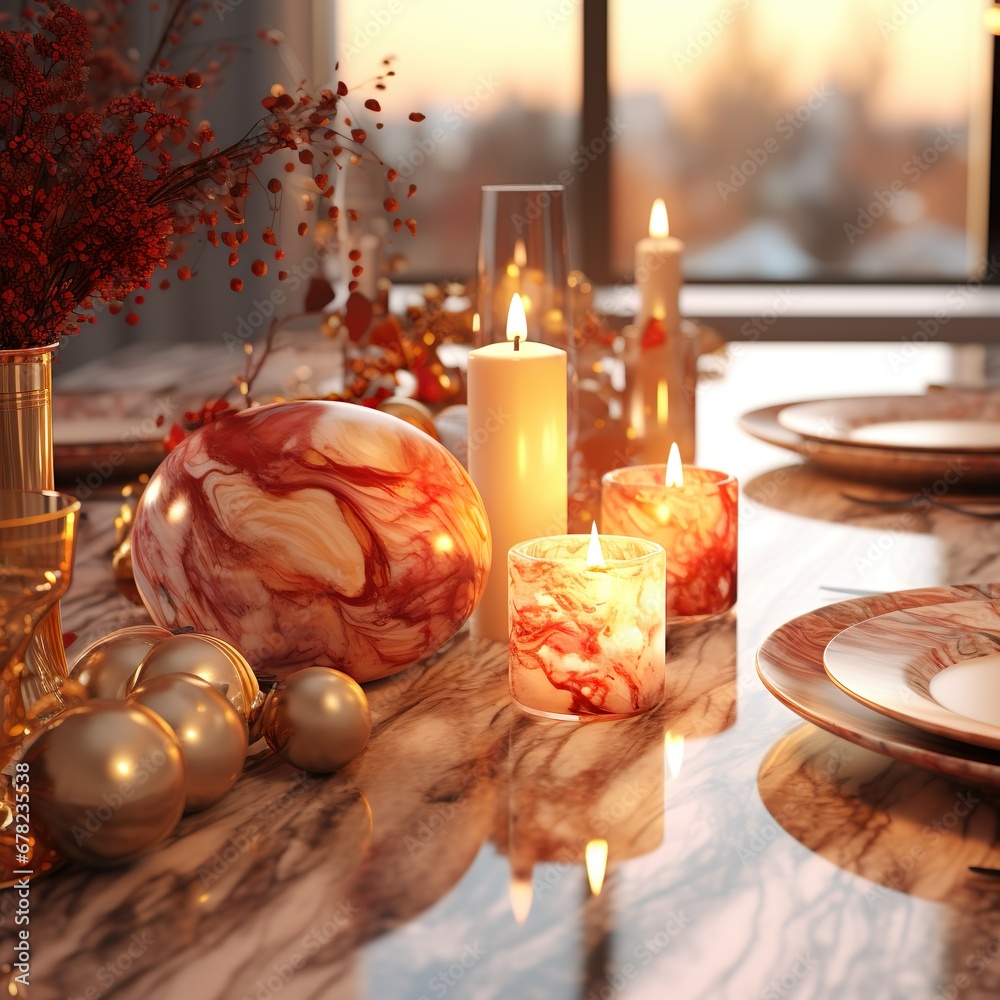 A festive autumn dinner table setting with pumpkins, candles, ready for a Thanksgiving feast, Christmas feast, Happy new year feast A festive autumn dinner table setting with pumpkins, candles, ready for a Thanksgiving feast, Christmas feast, Happy new year feast