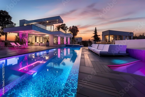 swimming pool in modern villa with colored led lights on dusk background. generative ai © KBL Sungkid
