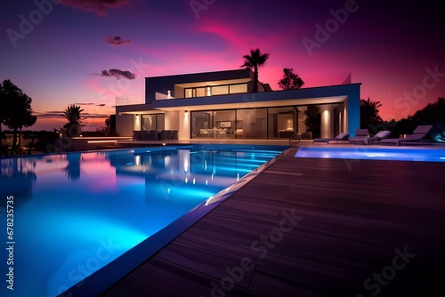 swimming pool in modern villa with colored led lights on dusk background. generative ai © KBL Sungkid