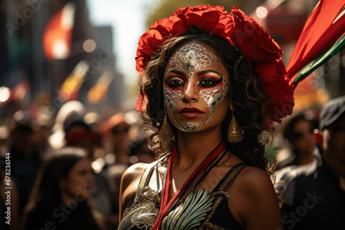 The Mexican flag waving in the wind at a lively Dia de los Muertos parade. Concept of cultural traditions and festivities. Generative Ai.