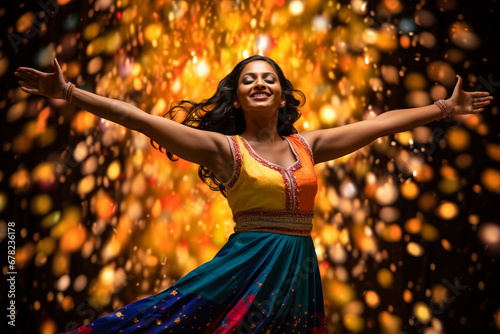 Portrait of a happy Indian woman dancing wearing a colourful dress. Traditional celebration photo