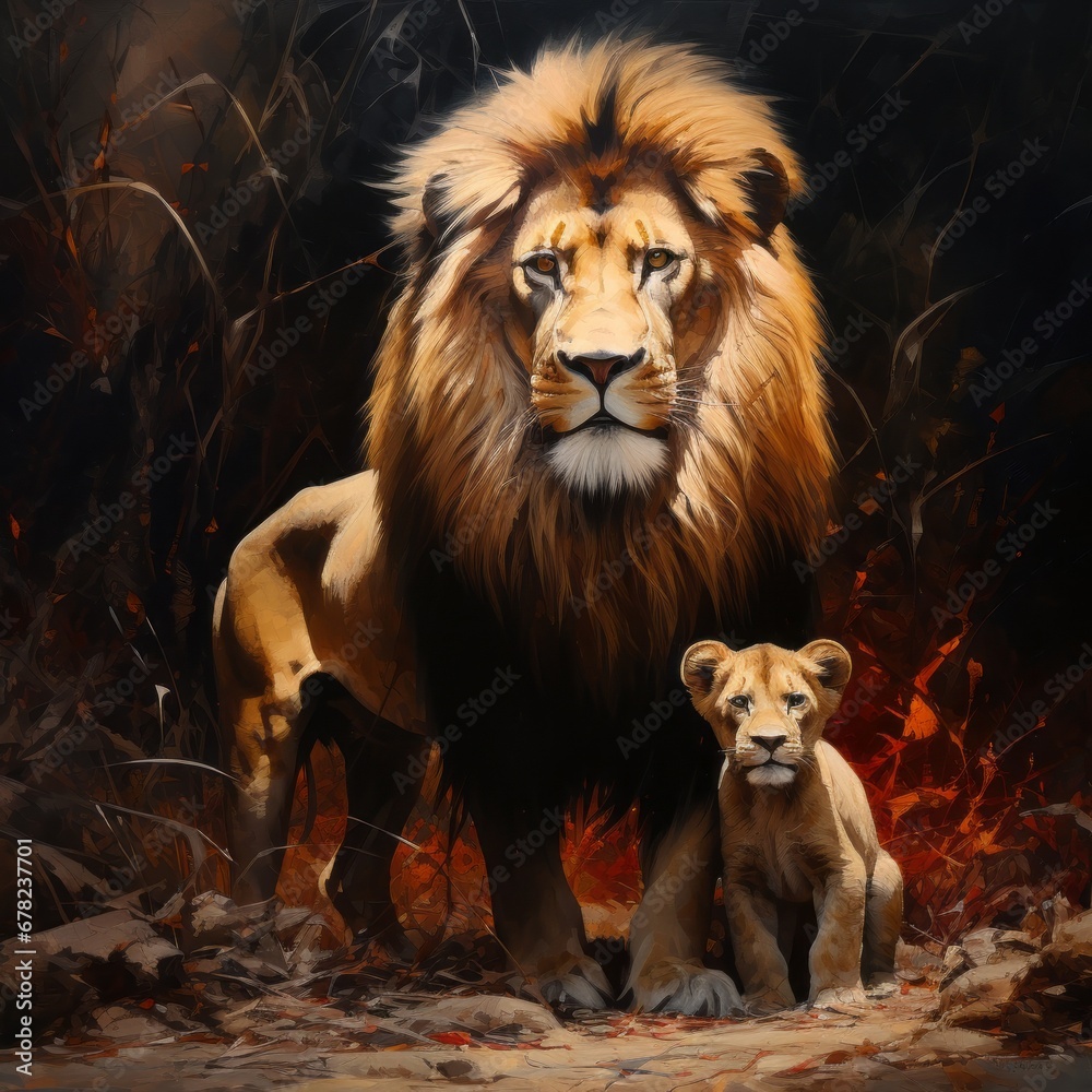 A father lion with his lion cub on the black background