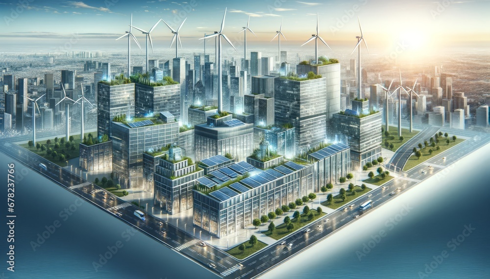 Fototapeta premium Vision of Progress: Dawn of a New Era in a Sustainable Urban Environment with Renewable Energy Integration
