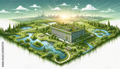 Ecotopia at Dawn  A Lush Green Business Park Merging With Nature Against a Backdrop of a Rising Urban Skyline