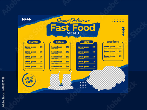 Super delicious fast food horizontal menu design template