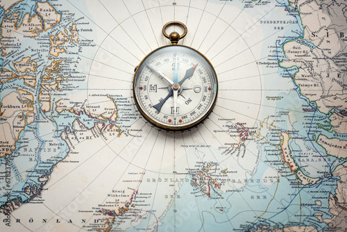Magnetic old compass on old nord pole map. Travel, geography, history, navigation, tourism and exploration concept background. Retro compass on geography map. photo