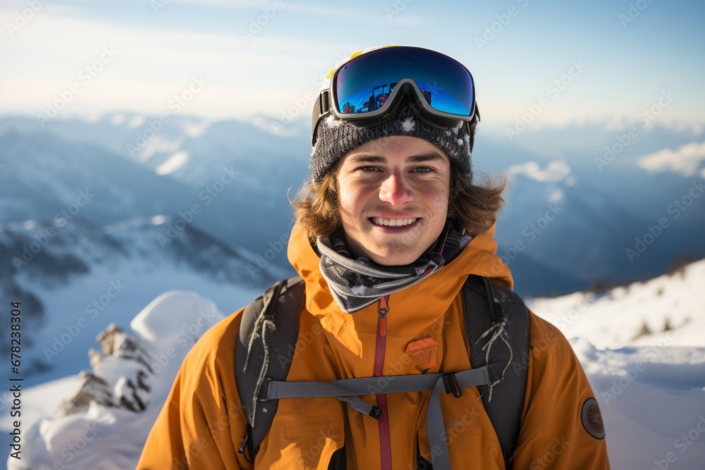 satisfied boy in his 20s snowboarding on a mountain satisfied boy in his 20s snowboarding on a mountain