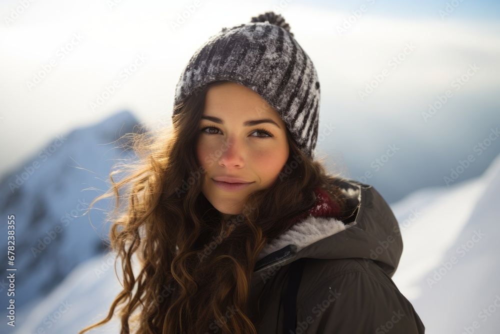 handsome girl in her 20s snowboarding on a mountain handsome girl in her 20s snowboarding on a mountain