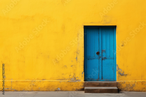 Vibrant Contrast: Yellow Door in Blue Interior.