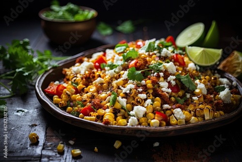 Street Corn Salad, a vibrant and zesty Mexican delight, beautifully presented on the table. The medley of charred corn kernels, creamy dressing, and colorful garnishes creates a visual feast. photo