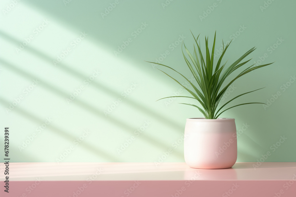 Pastel coloured background for product presentation with shadow and light from windows, ceramic pot with a green houseplant Pastel coloured background for product presentation with shadow and light from windows, ceramic pot with a green houseplant