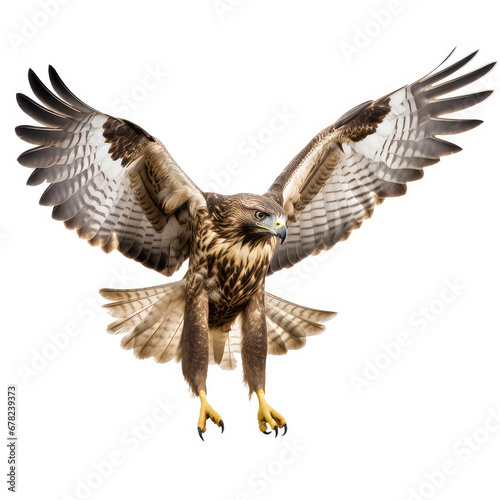 Hawk bird flying with wide wings. Llight and brown feathers and yellow, grey beak looking on bottom. Wild bird hunter isolated on a white background