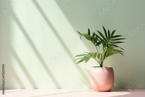 Pastel coloured background for product presentation with shadow and light from windows  ceramic pot with a green houseplant
