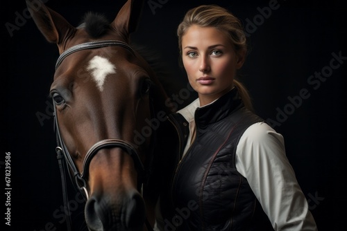 tired girl in her 30s horse riding in a riding school photo